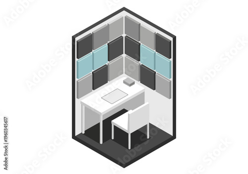 Modern office meeting room with desk, chair, and soundproof panels for focused work and privacy