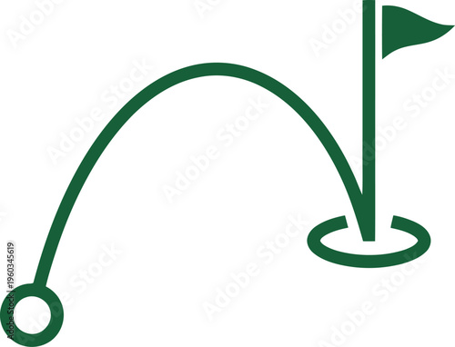 Green golf ball trajectory visual from tee to hole with flagstick marker