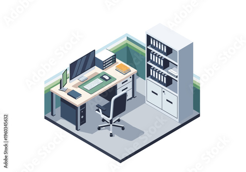 Isometric office room with desk computer chair and filing cabinet illustration