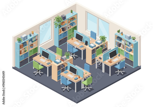 Modern isometric office space with workstations, computers, and bookshelves