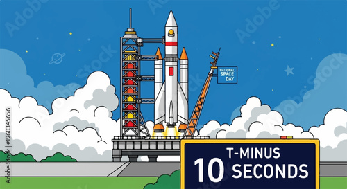 Cartoon rocket ship launching with countdown timer on launchpad with clouds and blue sky background
