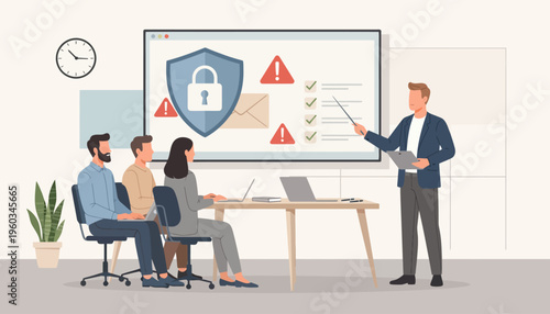 Corporate employees sitting at a desk with laptops during a cybersecurity seminar while a male instructor points to a presentation showing phishing alerts and data security icons.