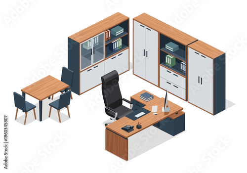 Isometric office furniture set with desk, chair, cabinets, and dining table for a professional workspace