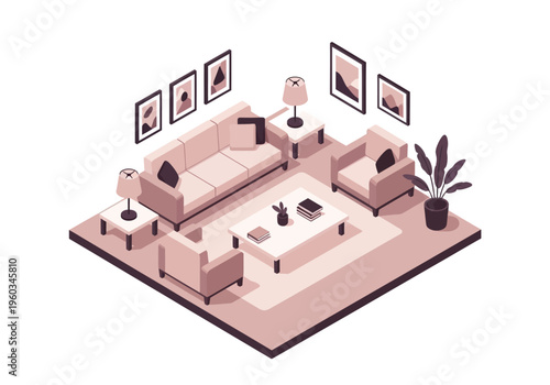 Isometric 3D rendering of a minimalist living room interior design with furniture and decor