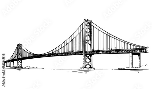 Suspension Bridge Black White Landscape Sketch Vector Illustration Hand Drawn Architecture Line Art Design