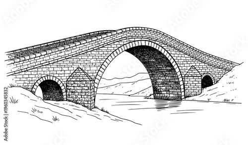 Vintage Stone Arch Bridge Black White Sketch Vector Landscape Illustration Classic Engraved Style Design