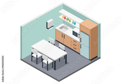 Cozy isometric kitchen and dining area with modern appliances and furniture