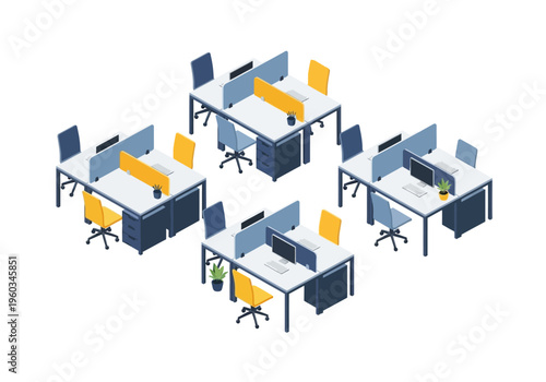 Modern office coworking space with multiple workstations and ergonomic chairs