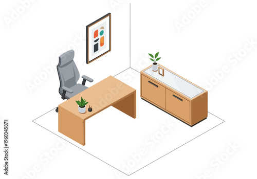 Modern office interior design with a desk, chair, and storage cabinet