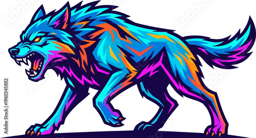 Growling wolf mascot walking with neon blue and orange fur