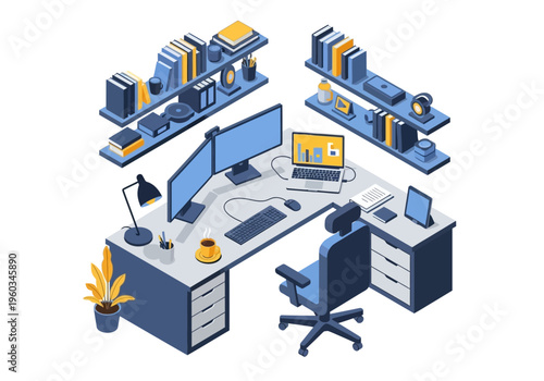 Modern isometric home office setup with dual monitors, laptop, and bookshelves