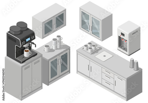 Office breakroom equipment including coffee machine water dispenser and cabinets