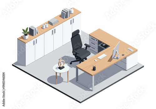 Modern L-shaped office desk with ergonomic chair and storage cabinets, isometric view
