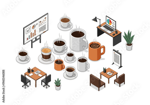 Office coffee break and business presentation isometric illustrations