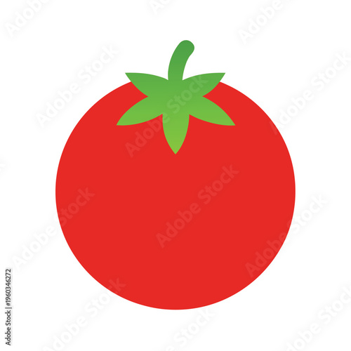 Round red tomato fruit with green stem isolated on white background for organic food design