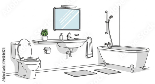 Bathroom Interior Sketch - Toilet, Sink, Mirror, and Bathtub Illustration.
