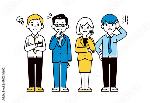 トラブルに困惑する、様々な年代の男女のビジネスパーソンの全身ベクターイラスト素材セット