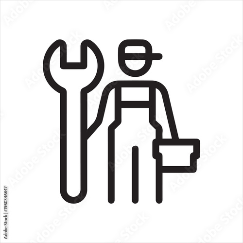 Outline Icon Man in Overalls With a Wrench and a Box of Tools. Such Line sign as Car Mechanic Services Plumber, Plumbing Work. Vector Isolated Pictograms for Web on White Background Editable Stroke.