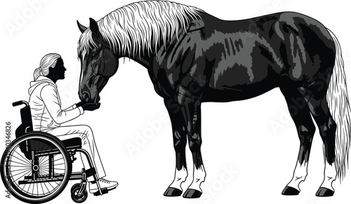 Disabled woman in wheelchair bonding with horse, therapy and emotional support concept, equine assisted healing, friendship, care, inclusion and rehabilitation vector illustration