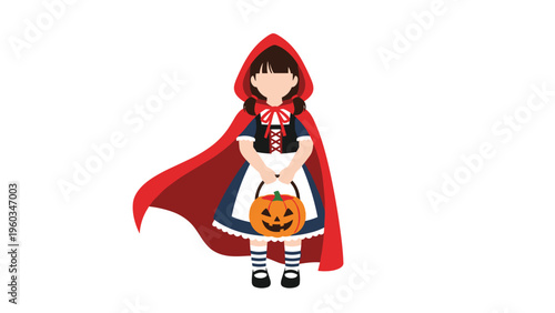 Little red riding hood character holding a jack o lantern pumpkin basket for trick or treating isolated on a plain white background.