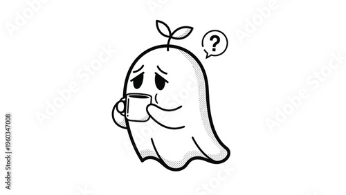 Cute little ghost character with a small sprout on its head drinking from a mug while looking confused with a question mark bubble.