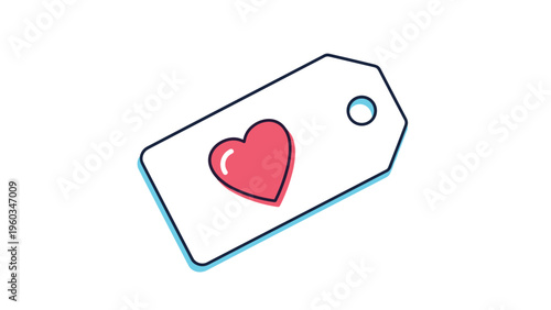 White rectangular price tag with rounded corners featuring a small pink heart in the center and a hole for a string attachment.