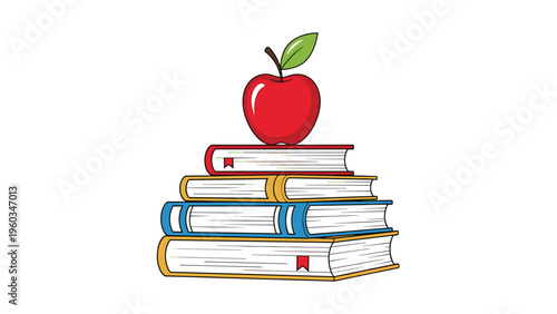 Ripe red apple with a green leaf sitting on top of a stack of four colorful hardcover books symbolizing education and teachers on white.