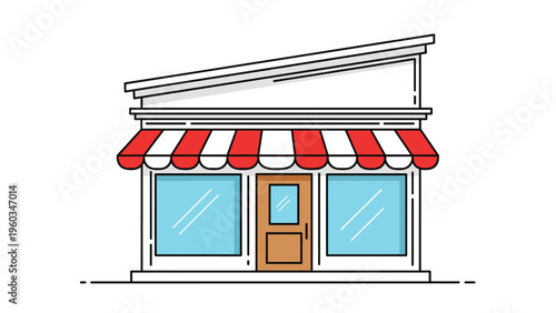 Modern storefront building with large display windows and a red and white striped awning over a central wooden door on white background.