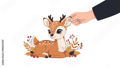 Charming illustration of a small spotted fawn resting among autumn leaves and berries while being gently petted by a human hand.