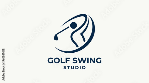Modern golf swing studio logo with stylized player and circular motion elements