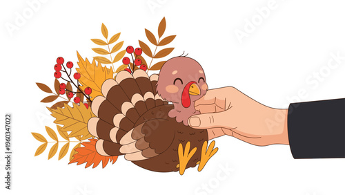Cute illustration of a happy brown turkey with colorful tail feathers being petted by a human hand amongst autumn leaves and berries.