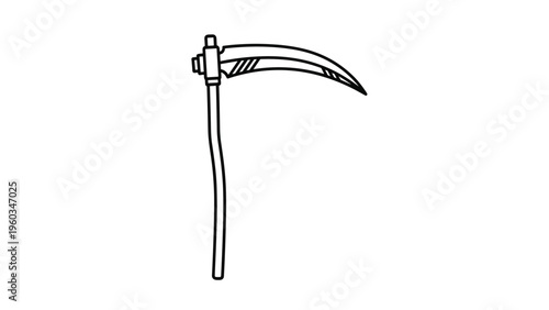 Sharp curved blade of a scythe attached to a long wooden handle shown in a simple black and white line art style on white background.