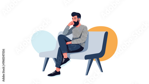 Illustration of a bearded man in a patterned sweater sitting thoughtfully on a grey bench with his leg crossed against a white background.