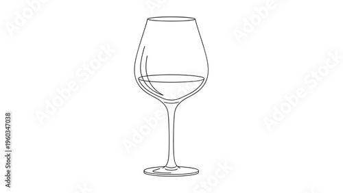 Simple line art drawing of a classic wine glass partially filled with liquid shown with reflections and a long stem on a white background.