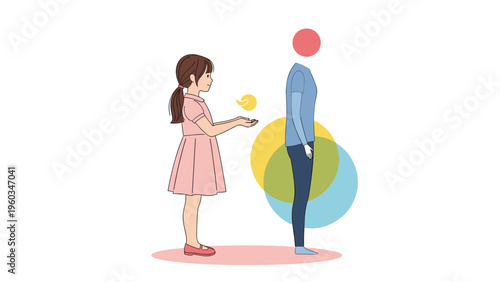 Little girl in a pink dress offering a small glowing ball to a taller blue figure made of abstract shapes and circles on white.