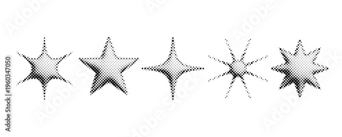 Halftone grunge stars set. 3d dotted grain star shape collection. Pixelated comic burst and sparkle for poster, banner, flyer, collage, sticker. 8 bit bitmap element bundle. Vector graphic design pack