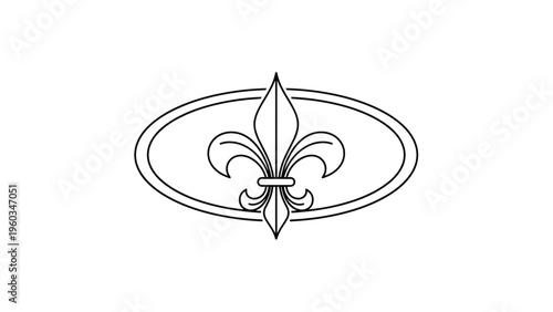 Elegant fleur-de-lis heraldic symbol enclosed within a double-line oval frame presented in a clean black and white line art style.