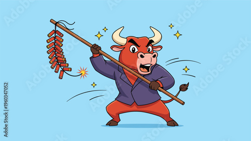 Strong red bull character dressed in a purple suit jacket holding a pole with a long string of traditional red firecrackers and stars.