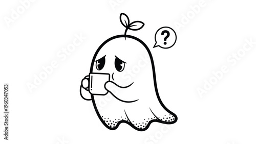 Whimsical illustration of a small ghost with a sprout head drinking from a mug and featuring a question mark to show curiosity or confusion.