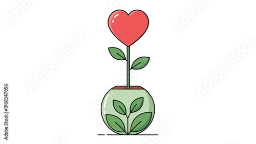 Romantic heart-shaped red flower growing from a green plant inside a round glass terrarium with smaller leaves at the base.