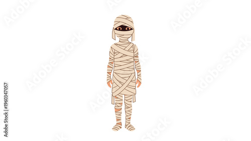Full body illustration of a character wrapped in ancient bandages as a classic halloween mummy standing on a white background.