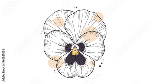 Artistic hand-drawn pansy flower illustration with delicate line work and pastel peach dots in the background for a modern feel.