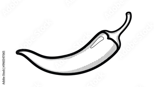Simple line drawing of a curved chili pepper with cross-hatching for shading is presented on a clean white background for icons.