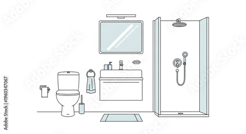 Bathroom Interior Design Sketch with Toilet, Sink, and Shower.
