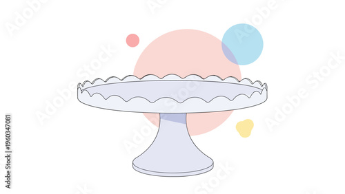 Empty white cake stand with a decorative scalloped edge is set against a background of soft pastel circles for a celebratory display.