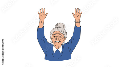 Joyful illustration of an elderly woman with grey hair and glasses raising both arms in a gesture of happiness and celebration.
