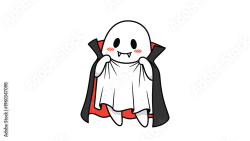 Adorable white ghost character wearing a black and red vampire cape and showing tiny fangs in a playful Halloween-themed illustration.