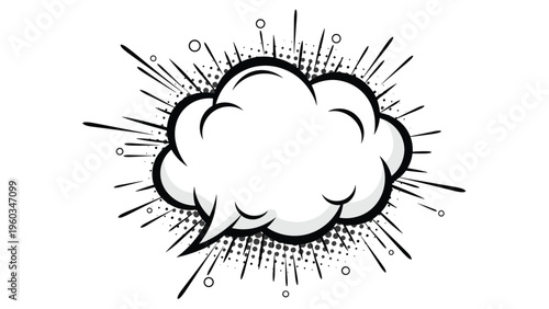 Dynamic comic book style empty speech bubble with an explosion effect and halftone dots is ready for custom text or sound effects.
