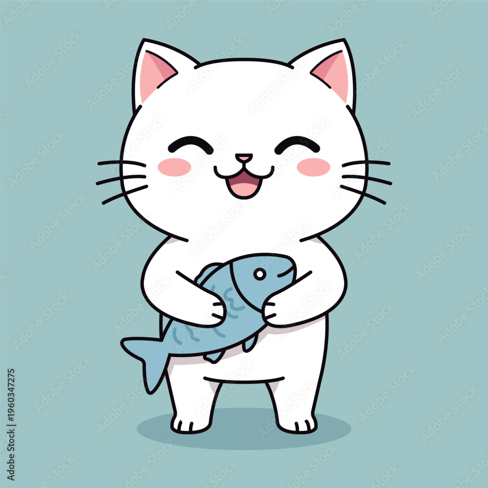 Fototapeta premium Happy Kawaii Cat Holding Fish Clipart