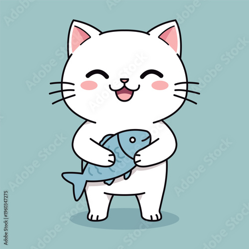 Happy Kawaii Cat Holding Fish Clipart
